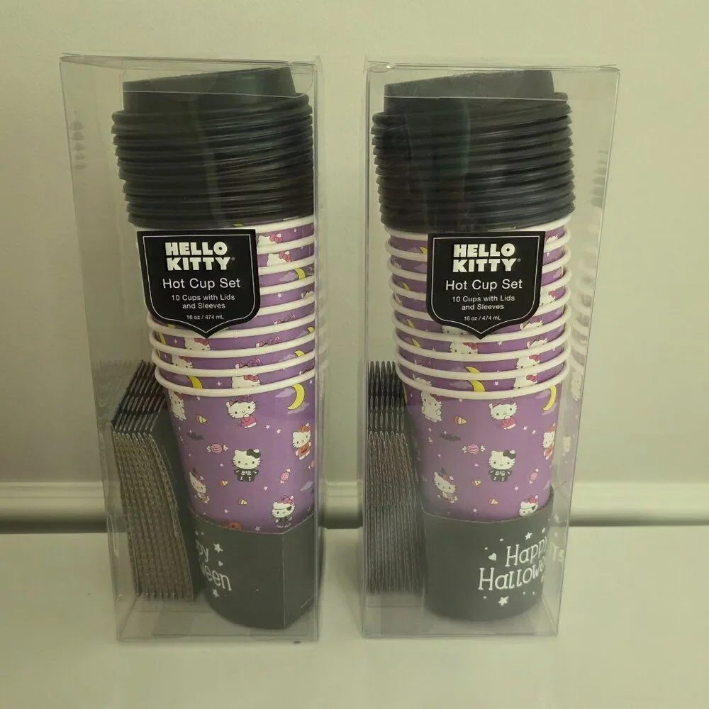 HELLO KITTY 16 oz Paper Cups w/ Lids and Sleeves | Coffee Hot Cocoa Tea | NEW